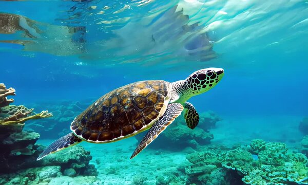 Graceful sea turtle gliding over colorful coral reef in crystal clear ocean