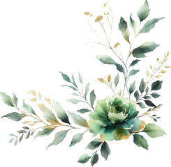 watercolor flowers and leaves on white background. hand painted flowers, gold and jade flowers witn leaves. wedding invitation, card, greeting card or invitation. vector collection