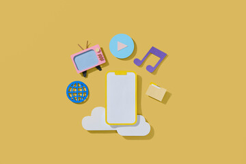 a phone in perspective view with different services in speech bubbles