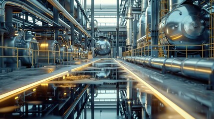 Obraz premium Industrial Factory Interior with Wet Floor and Reflective Surface - 3D Illustration