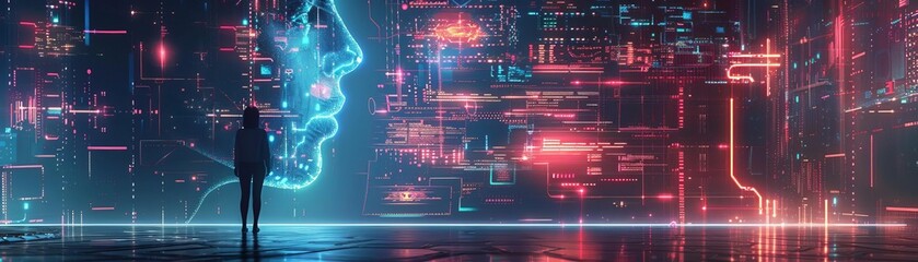 Obraz premium AI-driven education session with virtual coaches and interactive holograms, Cyberpunk, Neon, 3D Render
