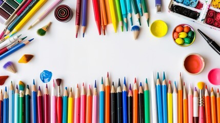 Row of school art and craft supplies on a white background generative ai