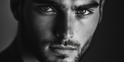 A close-up shot of a bearded man in a grayscale image