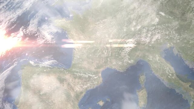 Earth zoom in from space and focus on Aurillac, France. Background for travel intro or blog. Satellite view. 3D style Animation. Images from NASA.