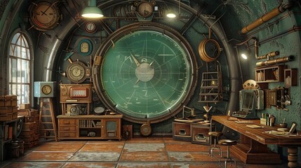 Obraz premium Steampunk education setting with mechanical coaches and vintage teaching tools, Steampunk, Brown, Digital Illustration