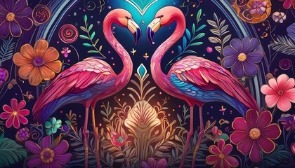 Obraz premium A ditsy pattern of jewel tone flowers with flamingo