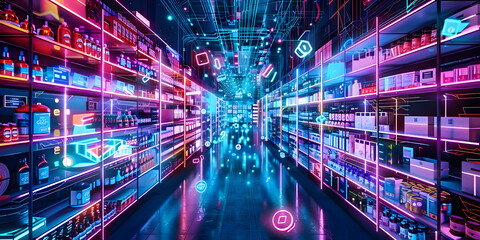 Vibrant digital store shelves with various products and icons floating in a futuristic, glowing marketplace, surrounded by neon circuits and fibers, symbolizing seamless online shopping.