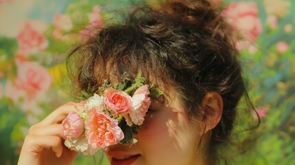 Naklejka premium 女性が色とりどりの花を使って目を覆い、背景の美しい庭に囲まれている。春の暖かい午後の雰囲気を感じさせる瞬間。