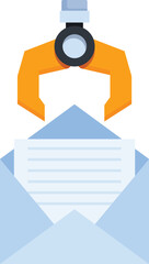 Robotic arm is holding a letter over an envelope, representing email marketing automation