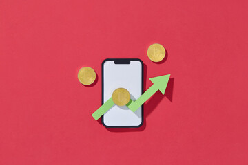 Bitcoin Growth and Mobile Trading Concept with Green Arrow