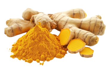 Tats towards turmeric powder and fresh ginger, isolated on a transparent background.