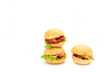 Cheeseburger, beef, chicken, pork, hamburger, ketchup, onions. Delicious food isolated on white background.