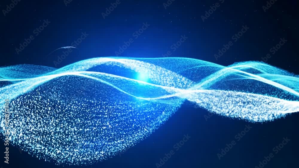 Poster blue sparkles creating wave shapes generative ai