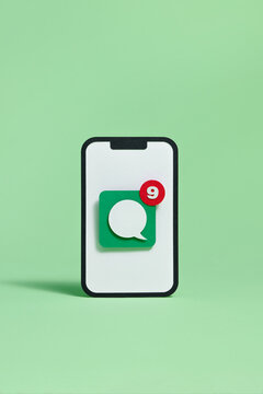 Mobile Phone with Messaging Notification Icon on Green Background