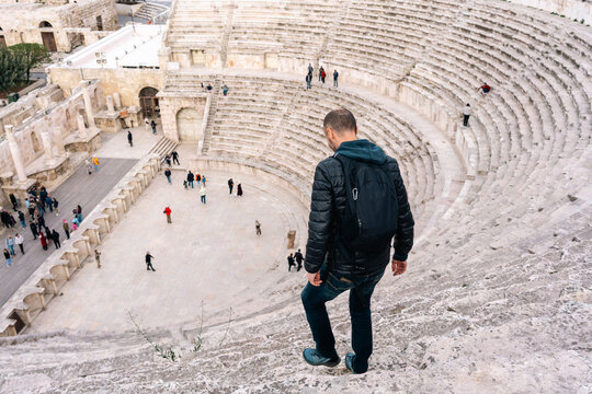 Tourist in Amman Roman Theater, travel Jordan