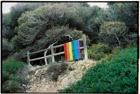 rainbow flag hanging on a fence, 35mm