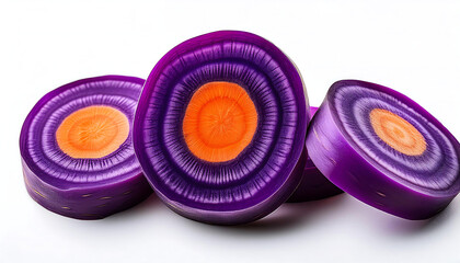 Sliced purple carrots on a white background