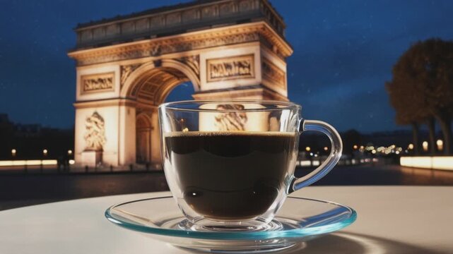 A cup of coffee with the Arc de Triomphe in the background, illuminated at night, seamless looping 4k animation video background