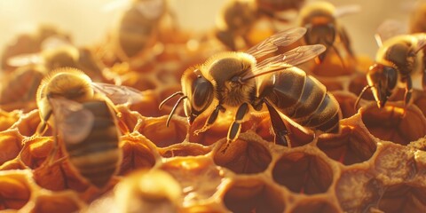 Nurse bees surrounding a new honey bee breaking through wax capping in brood cell Copy space