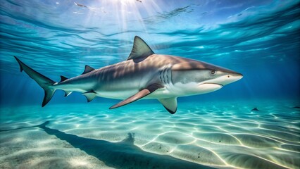 Fototapeta premium Magnificent grey shark effortlessly glides through crystal-clear turquoise waters, its sleek body undulating as it patrols the open ocean with powerful, rhythmic strokes.