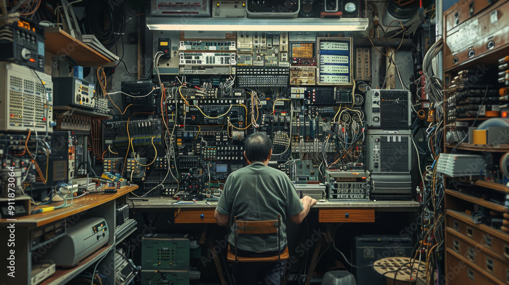 Poster an engineer works diligently in a cluttered electronics workshop, surrounded by various tools and eq