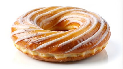 Sweetly glazed twist donut lies on a white background, its sugary swirls and ridges tantalizingly visible from directly above, inviting a tasty treat.