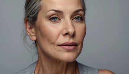 Elegant older woman with grey hair and a content smile