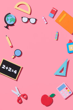 Flat lay background with colorful educational supplies on bright