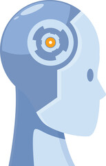 Side view of an artificial intelligence character with its brain exposed, showing digital gears turning