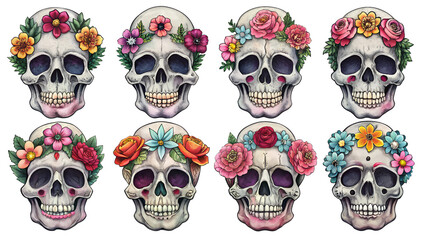 Skull illustrations with flowers, pastel tones, ideal for Halloween or Day of the Dead themes. Floral skulls, soft color palette, perfect for seasonal decor and event invitations