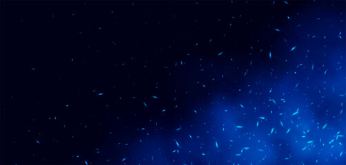 Blue flame with sparks, fire with flying cinder, abstract glowing embers, heat sparkles, bokeh fire texture. Vector illustration.