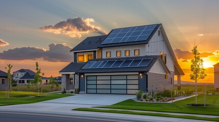 Eco-Friendly House with Solar Panels: Two-story American model house with solar panels neatly installed on its roof. 