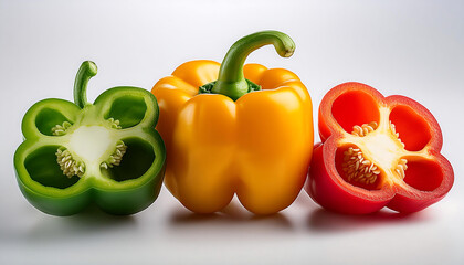 Whole And Sliced Bell Peppers In Assorted Colors On A White Background