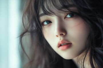 Fototapeta premium 窓のそばで女性がリラックスしながら柔らかな表情を浮かべている様子が捉えられています。