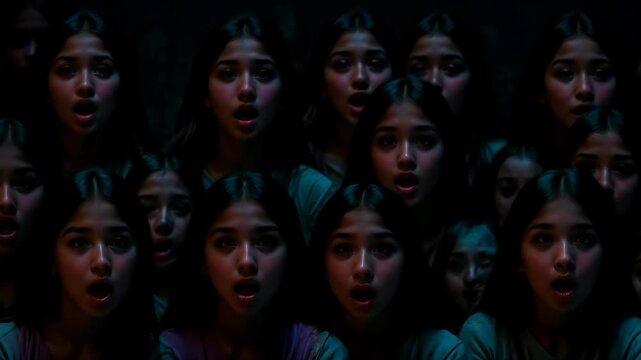 A young woman with a confused expression, a clone body that shrinks and multiplies, changes shape and location. Seamless loop. Experimental - Generative AI