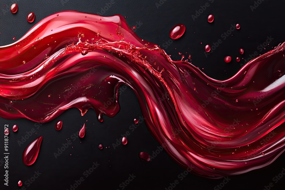 Poster a red wave of water with drops of red paint splashing out. the image is abstract and has a mood of e