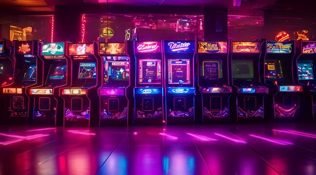 Arcade video games in an empty dark game room, with neon lights glowing softly, casting colorful reflections on the shiny floor