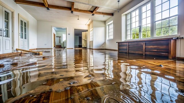 A devastating home floor completely flooded with murky water, showcasing extensive water damage, warped wood, and potential issues with mold, mildew, and structural integrity.