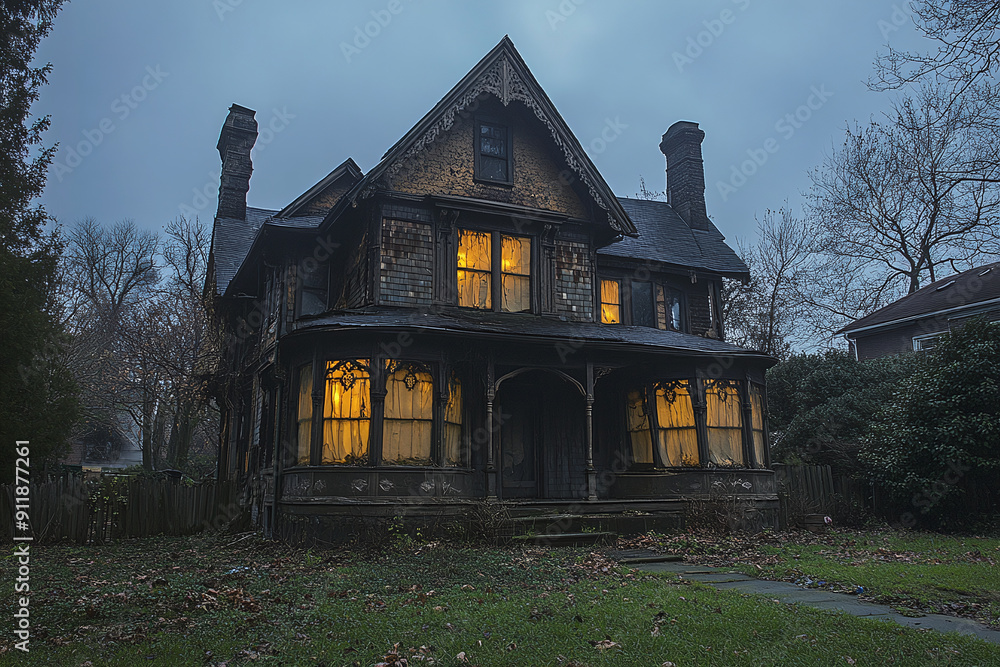 Wall mural a haunted house with boarded-up windows and eerie lighting.