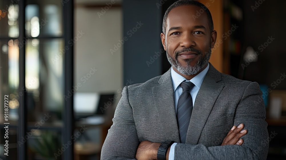 Poster a man in a suit and tie stands in front of a window with his arms crossed. he is smiling and he is c