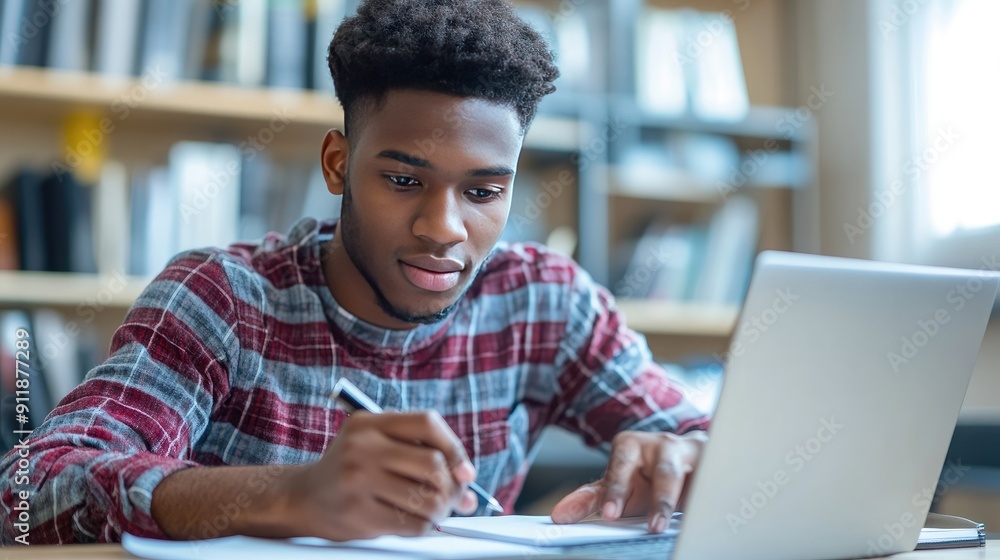 Poster a young man is sitting at a desk with a laptop open in front of him. he is writing on a piece of pap