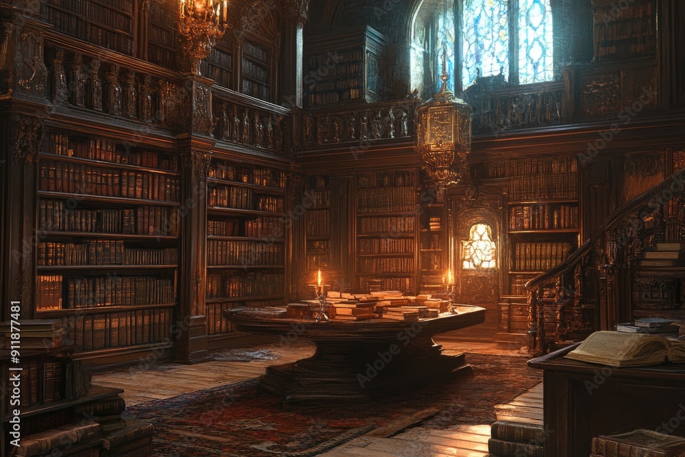 Poster a large room with a table in the middle and a window above it. the room is filled with bookshelves a
