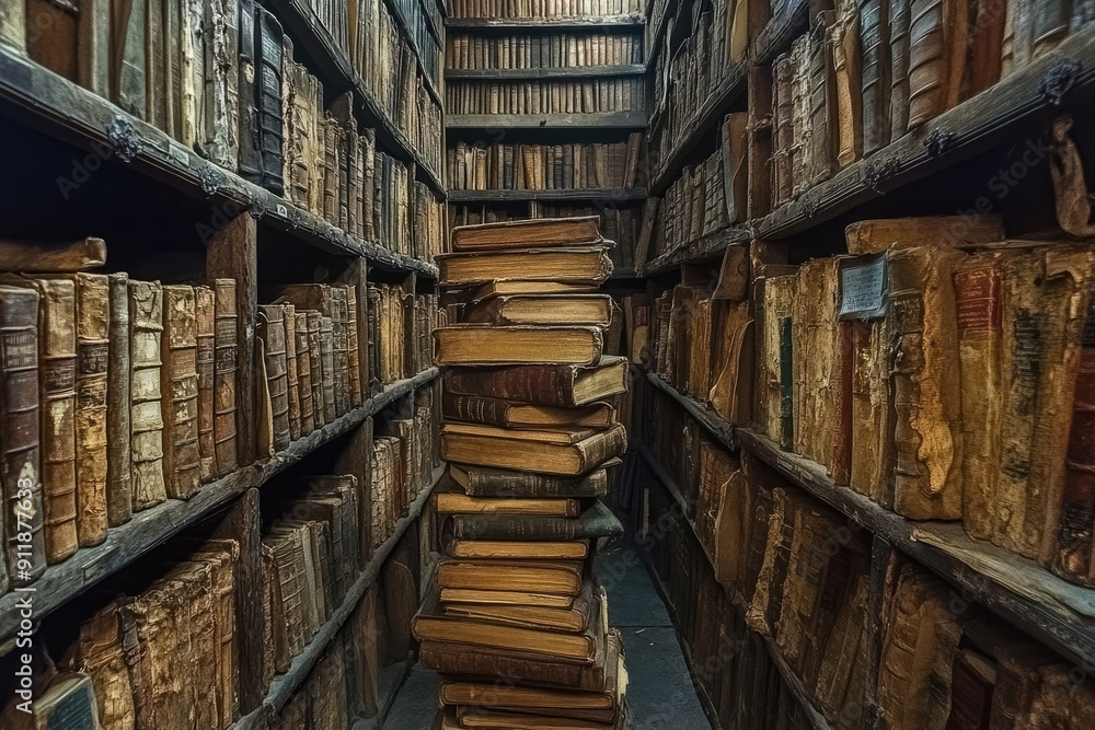 Poster a library with books stacked on top of each other. the books are old and the shelves are full. scene