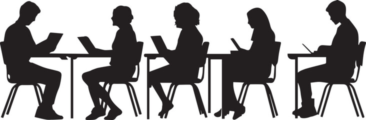 Silhouette of students are sitting on desks in classroom, classroom environment, vector icon, silhouettes of people