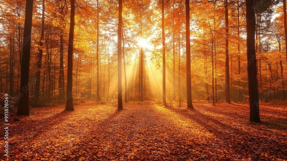 Poster a forest with trees in the foreground and background. the sun is shining through the trees, casting 