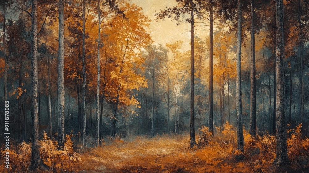 Poster a painting of a forest with trees in the foreground and background. the trees are painted in shades 