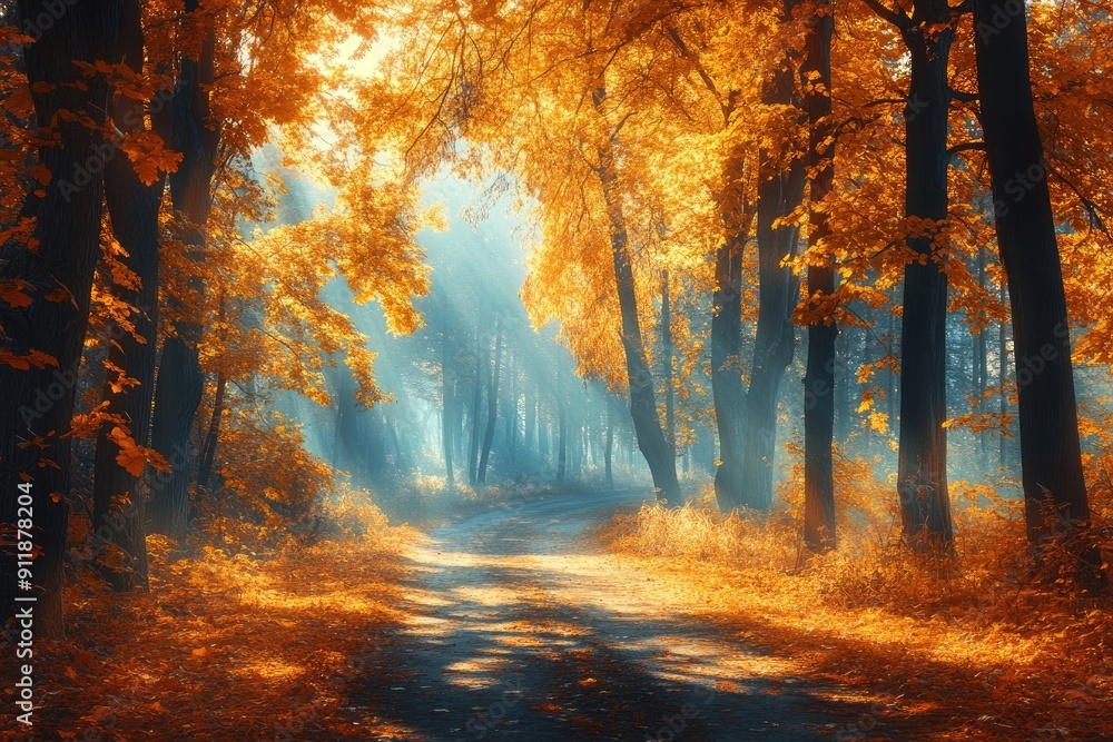 Poster a forest with trees in the foreground and background. the trees are orange and the leaves are fallin