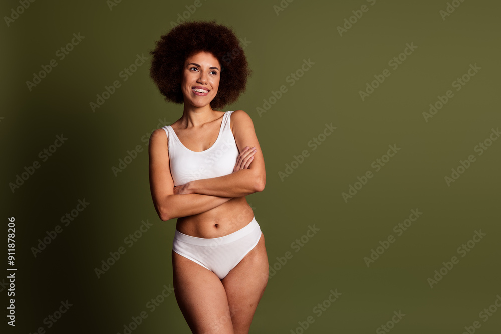 Wall mural No filter photo of dreamy thougthful lady underwear loving body positive looking emtpy space isolated khaki color background