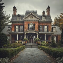 Imposing Historic Mansion Surrounded by Lush Gardens on a Gloomy Autumn Day