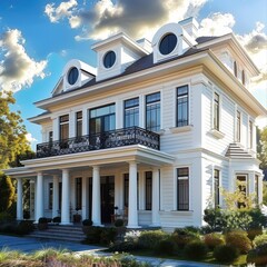 Elegant White House With Ornate Balconies Surrounded by Lush Greenery on a Bright Sunny Day
